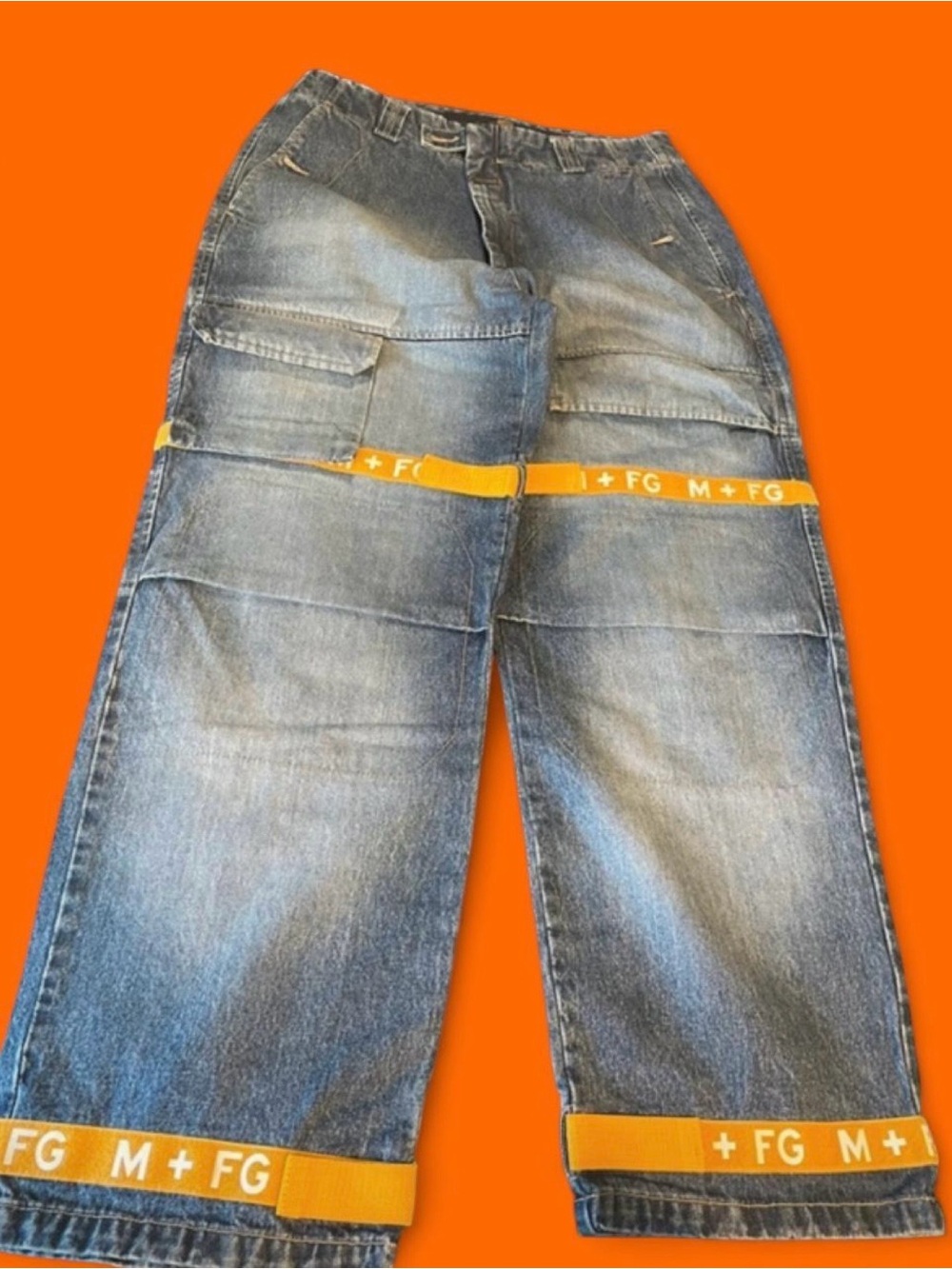 Marithe Francois Girbaud Faded Blue Relaxed Cargo Jeans with Orange FG Straps
